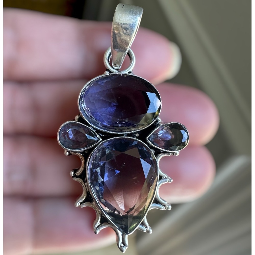 Artisan Statement Pendant 2.3 Inch Lab Tanzanite Iolite Glass 925 Sterling 13.5g